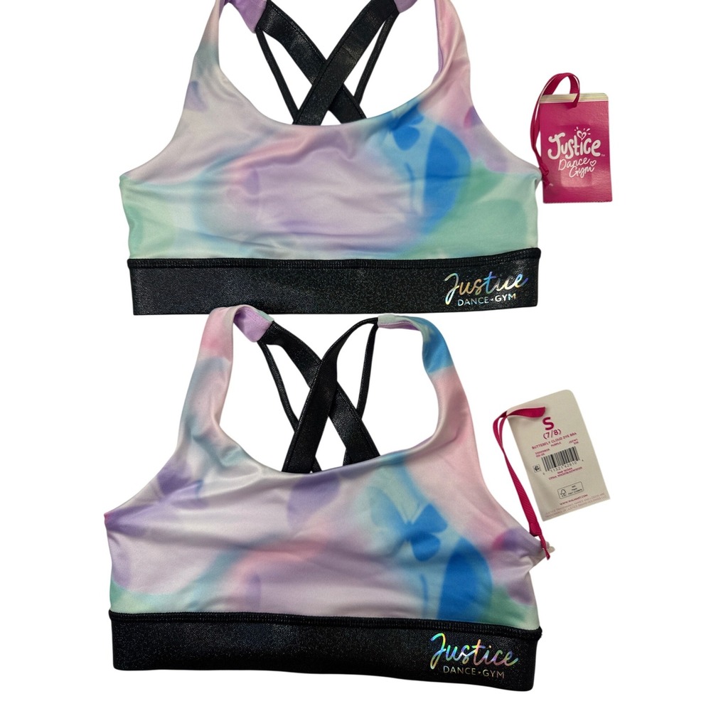 Justice Girls 2 Pack Butterfly Cloud Dye Sports Bras Size S 7/8 Dance Gym New‎